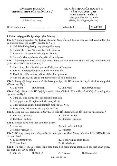 Đề thi Giữa kì 2 Lịch sử 11 năm 2025-2026 trường THPT số 1 Ngô Gia Tự (Đắk Lắk)